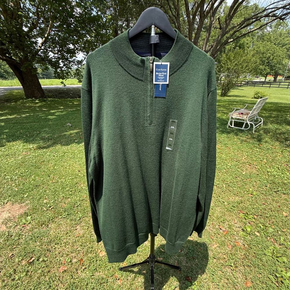 Club Room Mens‎ XXL Green Merino Wool Blend Quarter Zip Sweater NEW Soft Luxury